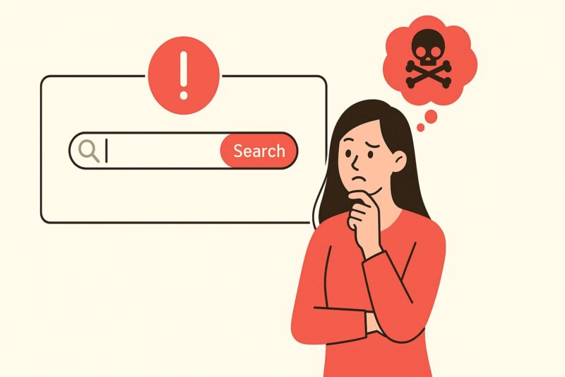 流出チェックに不安を感じながら検索バーを見つめる女性のイラスト。警告マークとドクロのアイコンが添えられている。