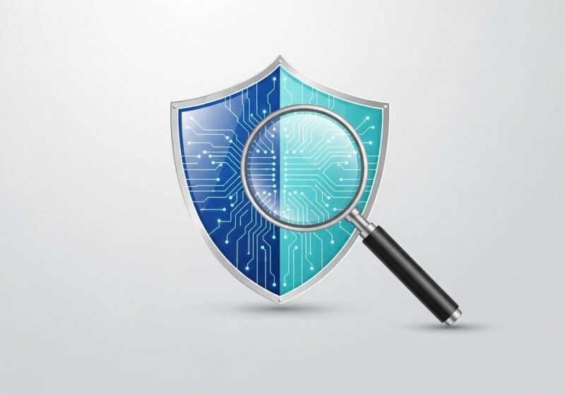 青を基調とした背景に、AIを象徴する回路パターンが入った半透明の盾のアイコンと、それを詳しく調べるための虫眼鏡が描かれたイラスト。 自治体の生成AI導入におけるセキュリティ比較をイメージ。