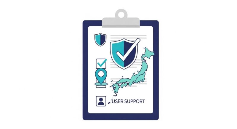 盾や日本の地図などのアイコンが並んだチェックリストが描かれたクリップボードのイラスト。 自治体向けAIのセキュリティ基準での比較をイメージ。