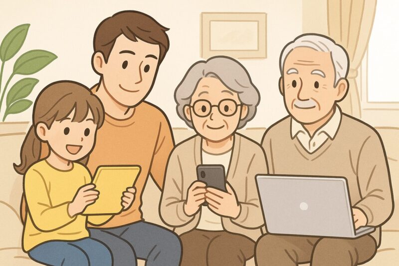 家族や子どもが安心してスマホやパソコンを使うイメージイラスト。子ども、高齢者、父親がリビングで端末を使う様子