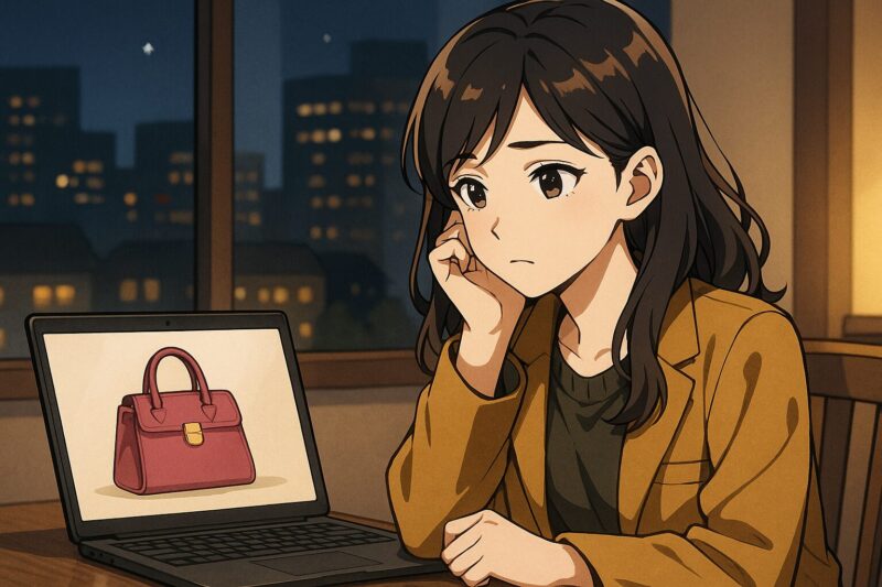 夜の部屋で通販サイトを見ながらバッグの真贋に悩む20代日本人女性のアニメ風イラスト