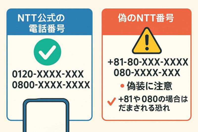 NTT公式番号と詐欺番号の違いを示す図解