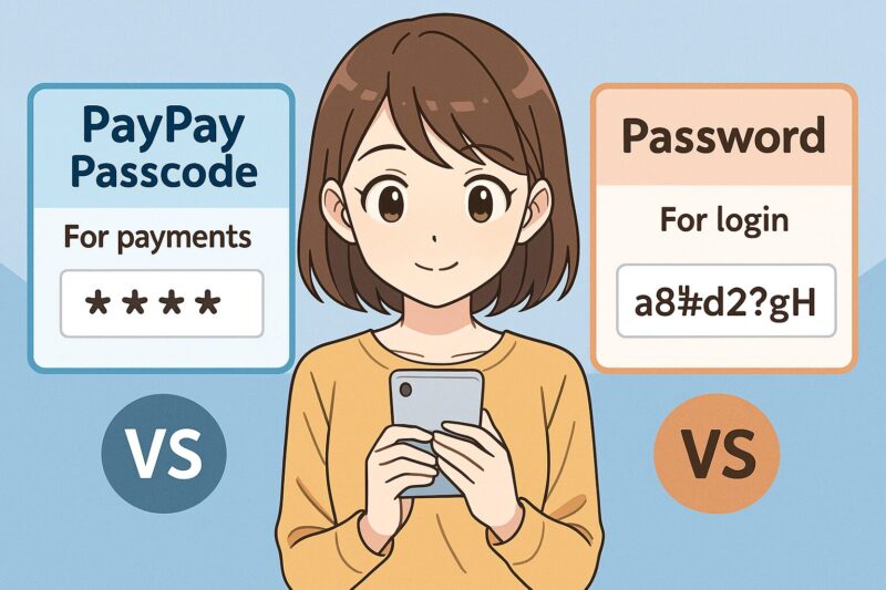 PayPayのパスコードとパスワードの違いを比較する図と、スマホを持つ女性が描かれたアニメ風イラスト