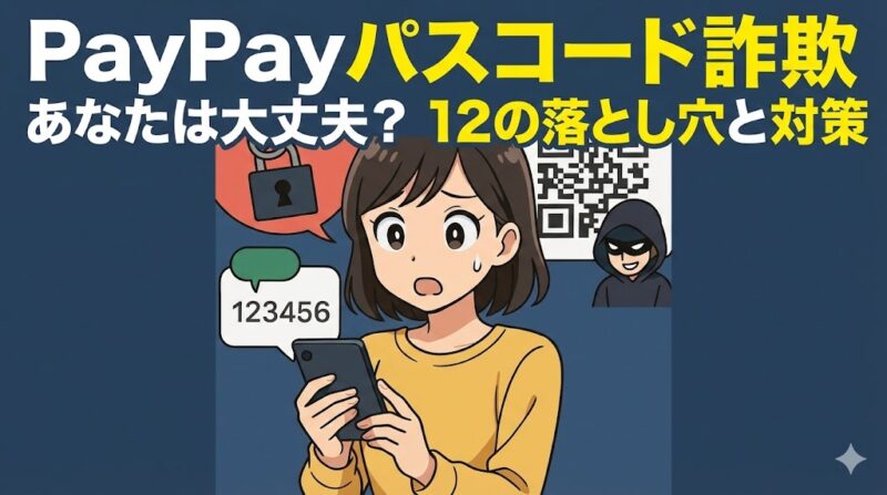 スマホ画面を見て驚く女性と、QRコードや不審なSMS、フック付き鍵アイコンが描かれたアニメ風イラスト