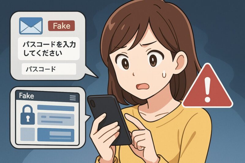 スマホを見て驚く女性と、偽メールや偽サイトの詐欺の流れを示すアニメ風イラスト