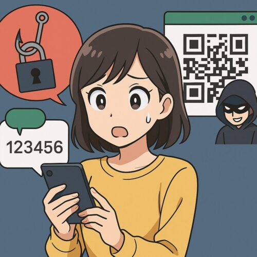 スマホ画面を見て驚く女性と、QRコードや不審なSMS、フック付き鍵アイコンが描かれたアニメ風イラスト