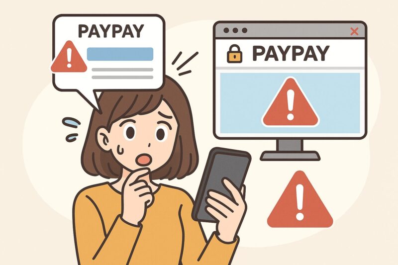 不審な送金通知に驚く女性と、スマホ画面に表示された詐欺メールや偽サイトが描かれたアニメ風イラスト