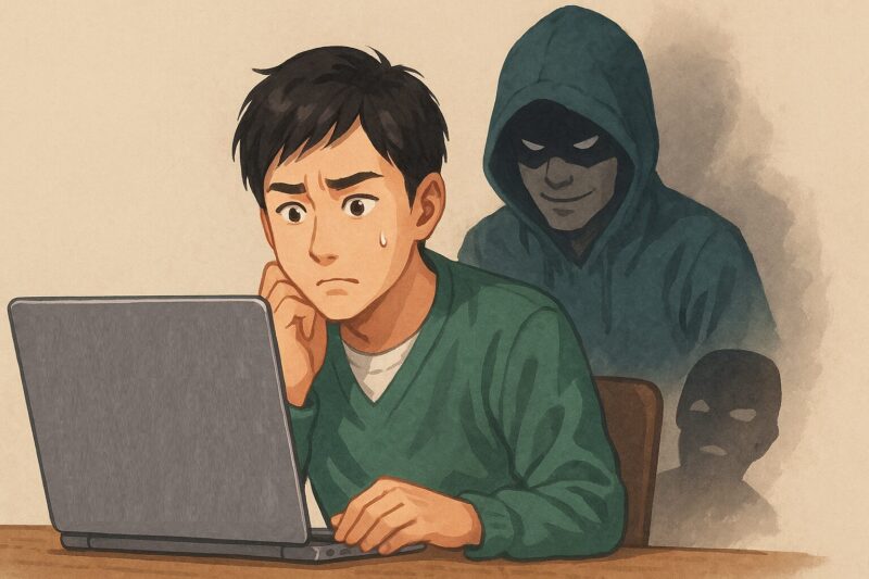 警告画面を見つめる若い日本人男性の背後に詐欺犯の影が潜むリアルイラスト風画像