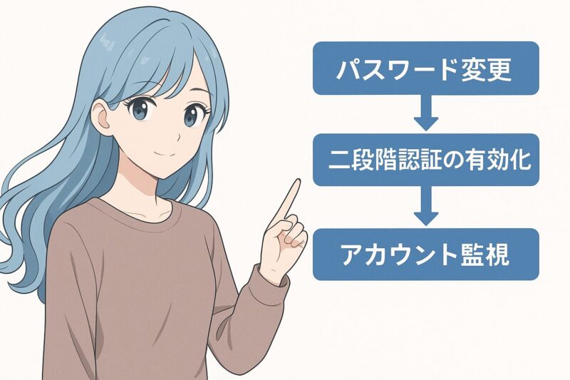 アカウントの安全対策フローを指差しながら説明する青髪の女性のイラスト。横に「パスワード変更」「二段階認証」「アカウント監視」の順で図解がある