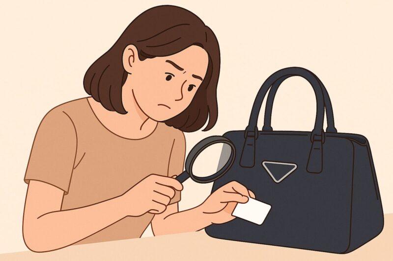 バッグの白タグと三角プレートを虫眼鏡で確認している女性のイラスト。ブランドロゴはなく、本物かどうか慎重に見極めている様子。