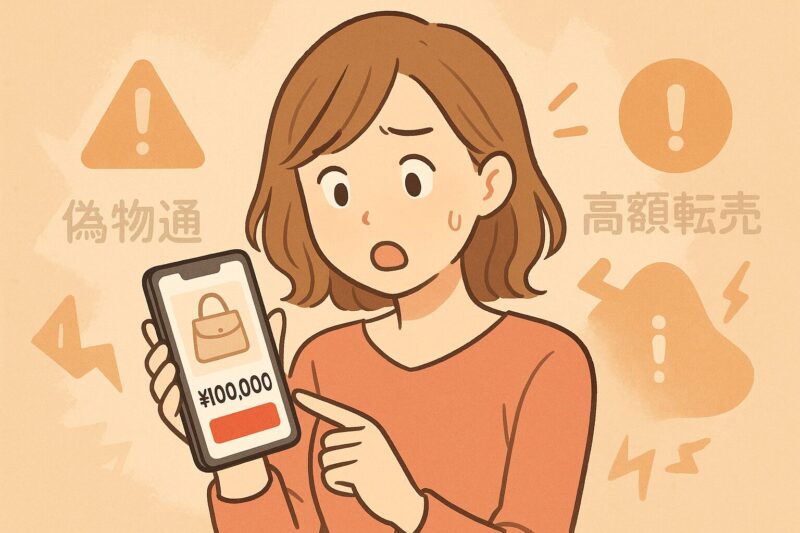 女性がスマホのフリマアプリで高額出品されたプラダノベルティを驚いた表情で確認しているイラスト。画面に10万円の価格が表示され、背景に警告マークが描かれている。