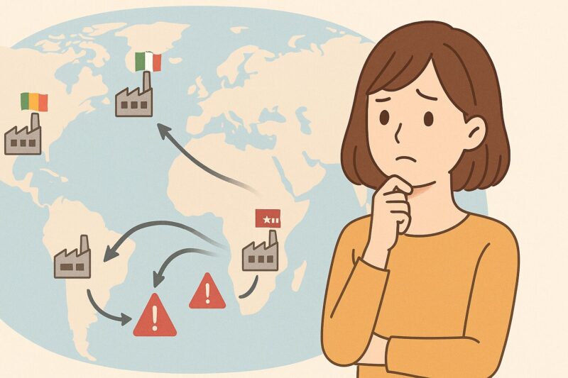 女性が世界地図を見ながら悩んでいるイラスト。製造国のアイコンと、偽物製造国の流通経路を抽象的な矢印や警告マークで表現している。