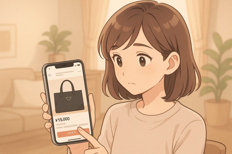 室内で女性がスマホを操作し、プラダノベルティの出品画面を見ながら迷っている様子のイラスト。柔らかいアニメ風で、バッグの出品画像がスマホ画面内に表示されている。