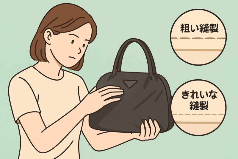 ナイロンバッグの表面を手で触りながら素材と縫製の違いを確認する女性のイラスト。粗い縫製ときれいな縫製を比較する図も表示されている。