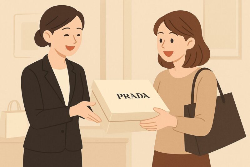 プラダの正規店舗で店員が購入者にノベルティを手渡しているイラスト。高級感のあるギフトボックスを受け取って嬉しそうな女性の様子。