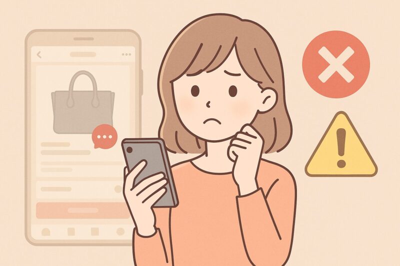 女性がスマホを持ち困った表情で通報アイコンや警告マークを見ているイラスト。背景に取引画面がぼんやり描かれたアニメ風デザイン。