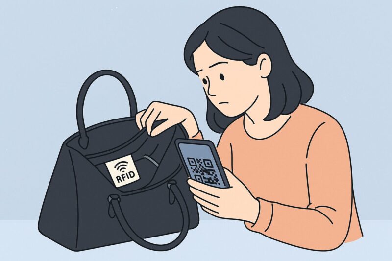 バッグの内側にあるRFIDタグとQRコードをスマホでスキャンしながら確認している女性のイラスト。ブランドロゴはなし、慎重に真贋を確認している様子。