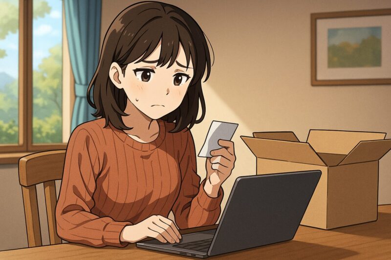 返金に関する書類を手に悩む表情を浮かべる20代日本人女性のアニメ風イラスト