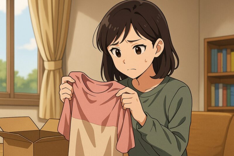 届いた服を確認しながら困った表情を見せる20代日本人女性のアニメ風イラスト