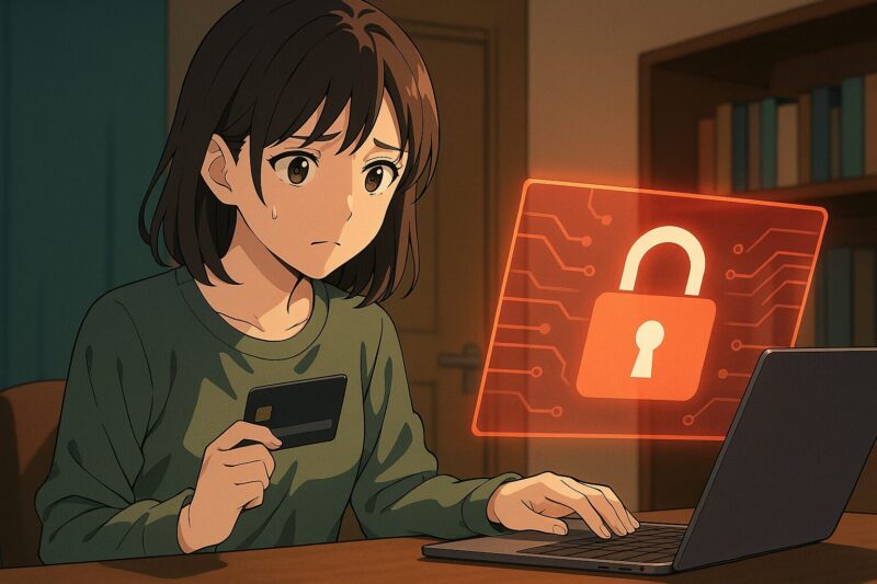 自宅でクレジットカードとノートパソコンを手に不安そうな表情を見せる20代日本人女性のアニメ風イラスト
