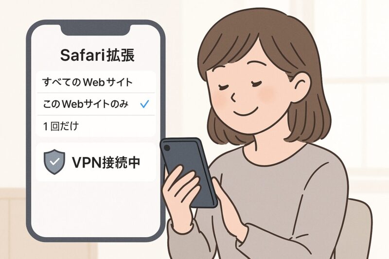 「iPhoneのSafari拡張設定とVPNを確認して安心している女性のイラスト