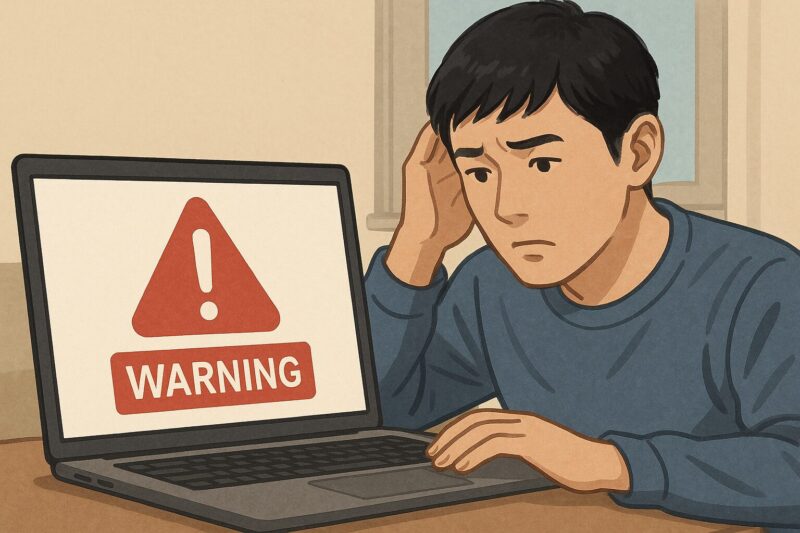 警告マークが表示されたノートパソコンを見つめて困惑する若い日本人男性のリアルイラスト風画像