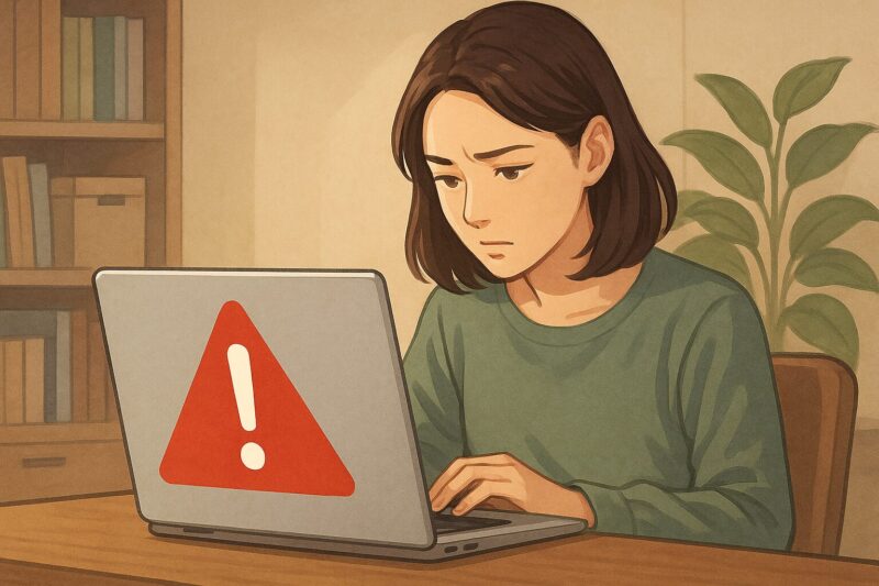 ノートパソコンの画面を見つめながら設定を確認している若い日本人女性のリアルイラスト風画像