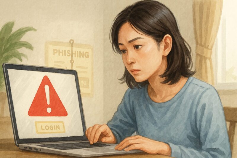 警告マークが表示されたノートパソコンを見つめる若い日本人女性のリアルイラスト風画像