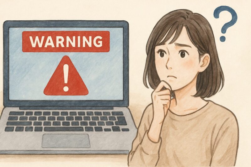 警告マークが表示されたノートパソコンと、それを見て困惑する若い女性のリアルイラスト風画像