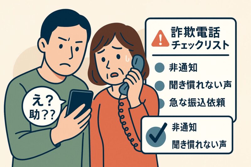 詐欺電話のチェックリストを確認する男女と警告アイコンのイラスト