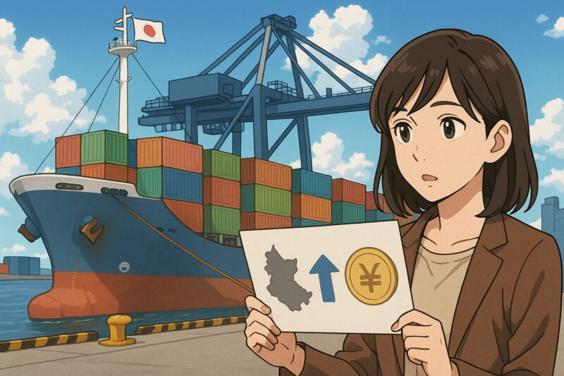 港で貿易資料を持ち、コンテナ船を前に輸入と関税について考える20代日本人女性のアニメ風イラスト