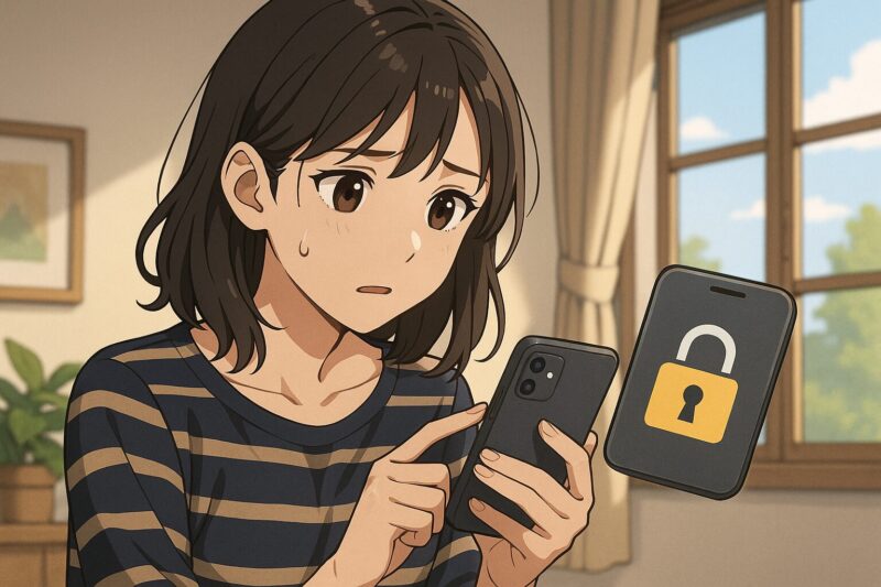 スマホのセキュリティ設定に悩む表情の20代日本人女性が画面を確認しているアニメ風イラスト