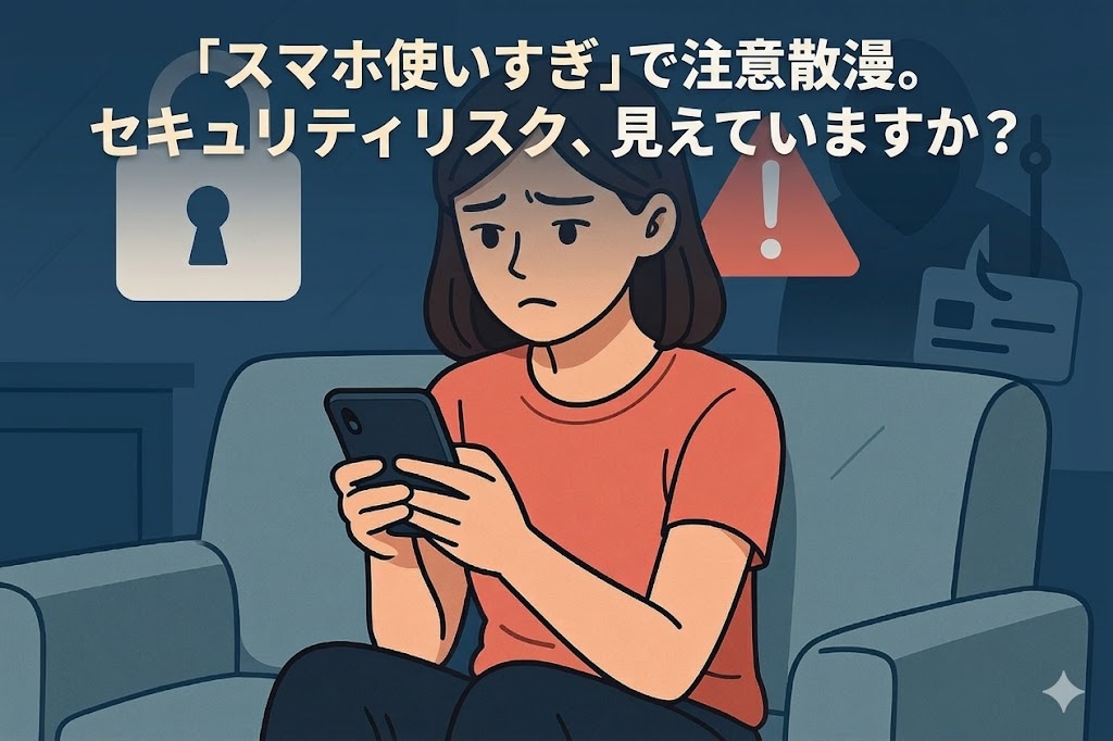 スマホ依存による情報セキュリティリスクを表現したイラスト。女性がスマホを見つめ、背後に鍵マークやハッカーの影が描かれている。