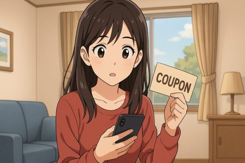 自宅でスマホとクーポンカードを確認する20代日本人女性のアニメ風イラスト