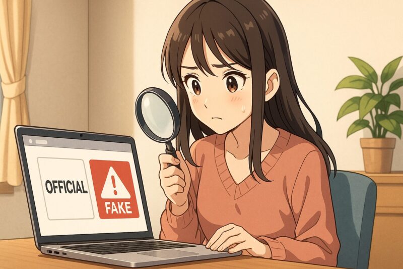 正規サイトと偽サイトを見比べる20代日本人女性のアニメ風イラスト