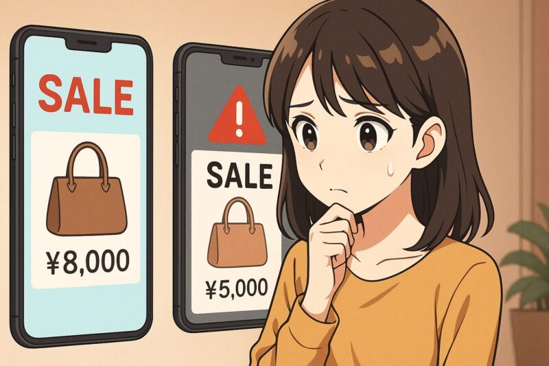 2つのスマホ画面を見比べて偽物を疑う表情の20代日本人女性のアニメ風イラスト