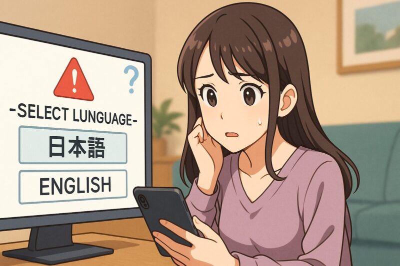 パソコン画面の日本語表示に戸惑う20代日本人女性のアニメ風イラスト