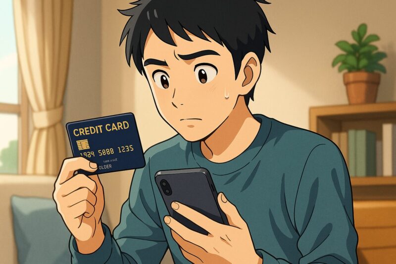 自宅でクレジットカード情報の安全性を心配している20代日本人男性のアニメ風イラスト