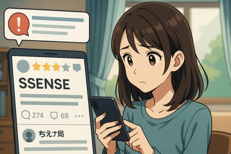 SSENSEの評判をSNSと知恵袋で確認して悩む20代日本人女性のアニメ風イラスト
