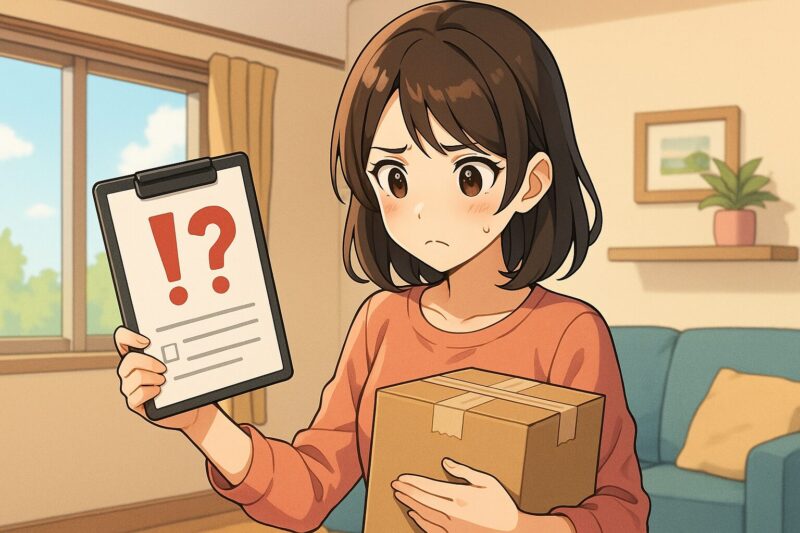 返品伝票と箱を手に困っている様子の20代日本人女性のアニメ風イラスト
