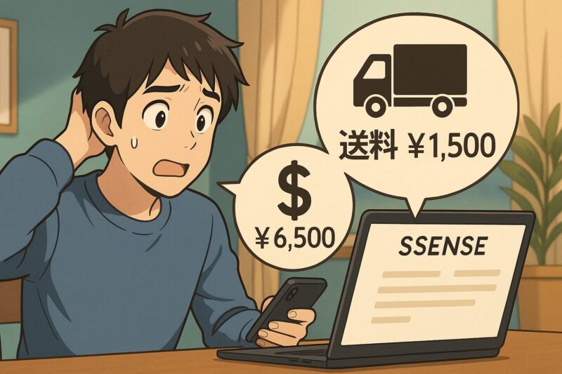 関税と送料に驚く20代日本人男性がノートPCとスマホでSSENSEを確認しているアニメ風イラスト