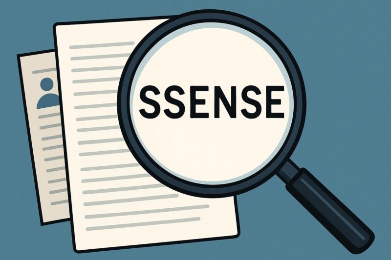 書類の上に置かれた虫眼鏡で「SSENSE」の文字を拡大しているイラスト