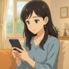 自宅のリビングでスマホを見ている20代日本人女性のアニメ風イラスト