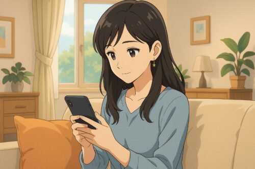 自宅のリビングでスマホを見ている20代日本人女性のアニメ風イラスト