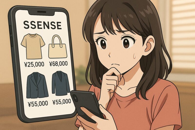 SSENSEの価格を見て戸惑う表情の20代日本人女性のアニメ風イラスト