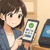 スマホでキャッシュレス決済の設定を確認する日本人女性と端末機器のイメージ