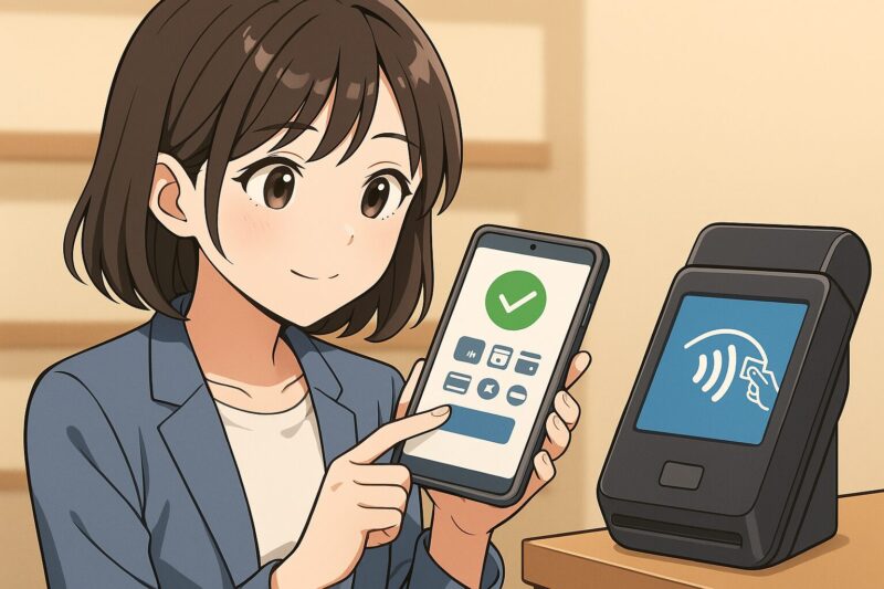 スマホでキャッシュレス決済の設定を確認する日本人女性と端末機器のイメージ