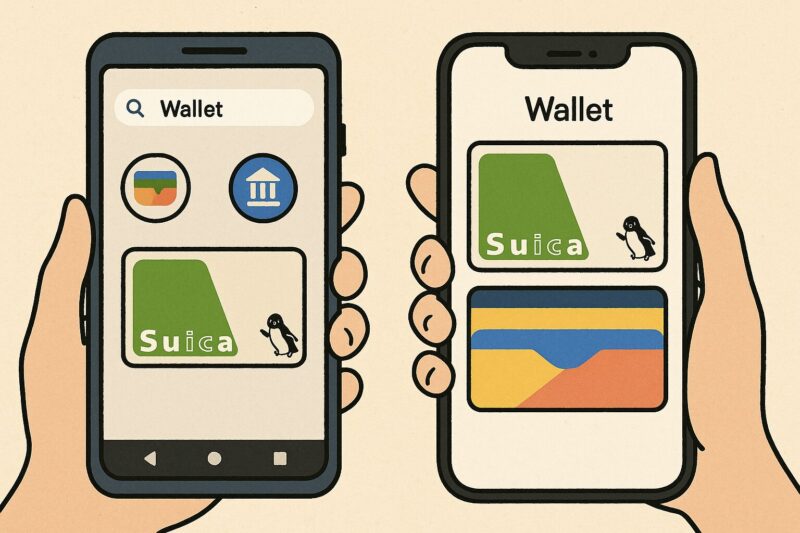 Suicaを表示したAndroidとiPhoneが並ぶ比較イラスト