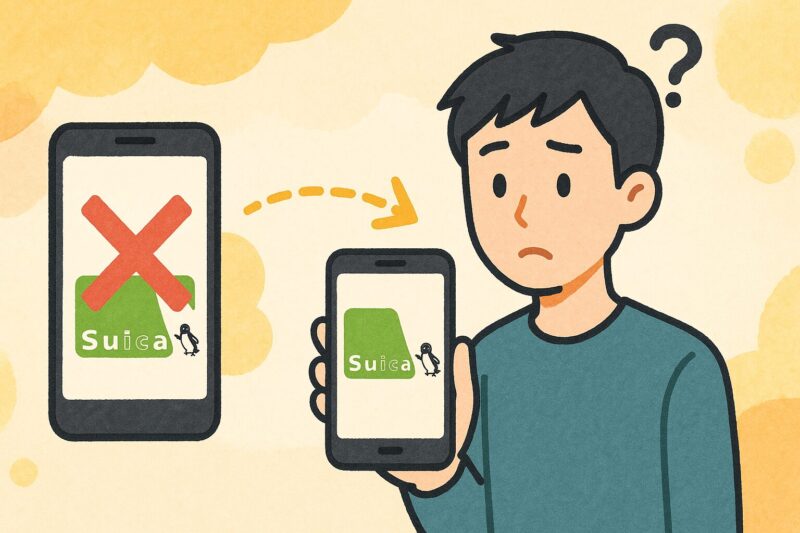 スマホ2台を持ち、Suicaアプリの移行に戸惑う若い日本人男性のイラスト。
