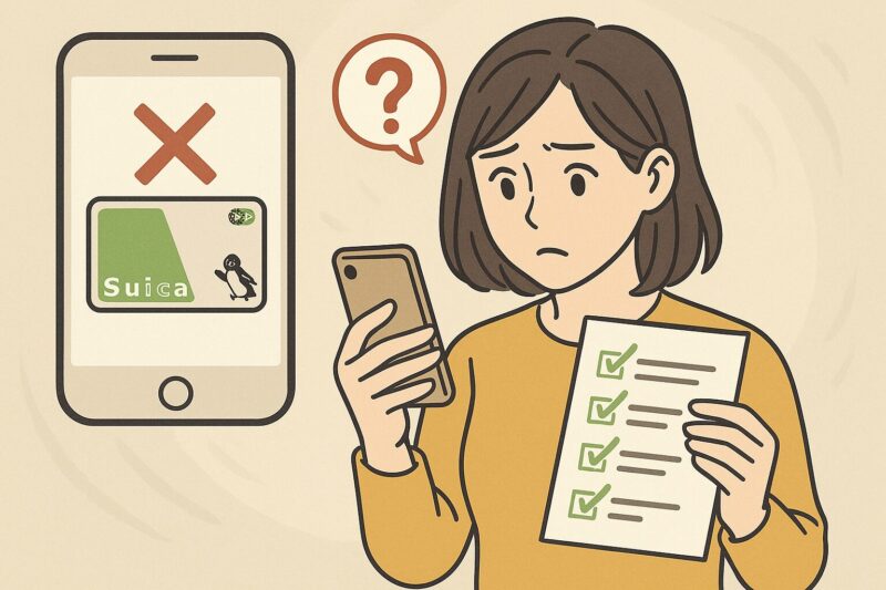 スマホのSuicaが消えたことに戸惑いながらチェックリストを確認する女性のイラスト